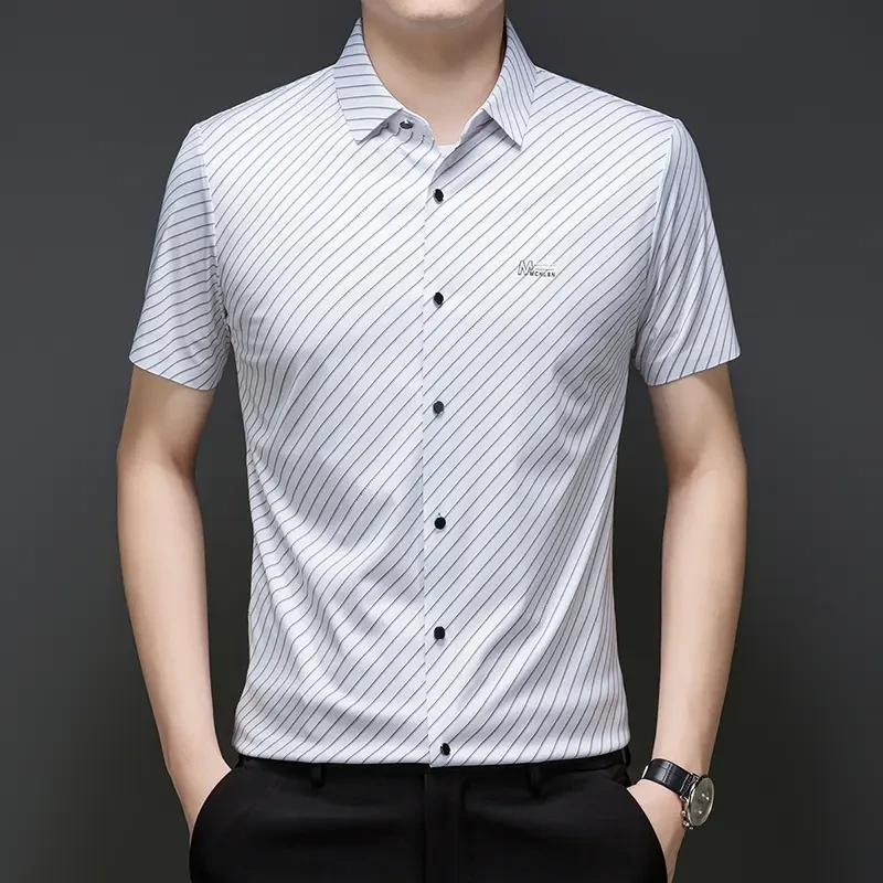 老爷车新款短袖衬衫25夏季凉感透气冰丝条纹衬衣弹力百搭休闲上衣