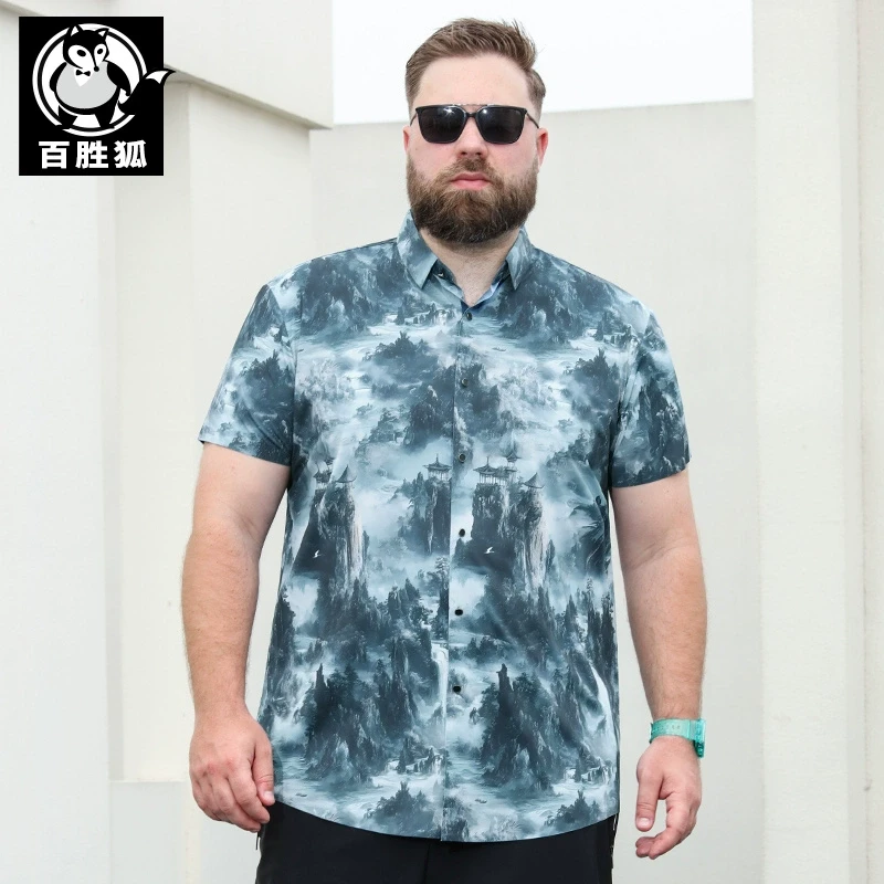 百胜狐大码男装短袖衬衫2025夏胖子加肥宽松休闲山水风景印花上衣