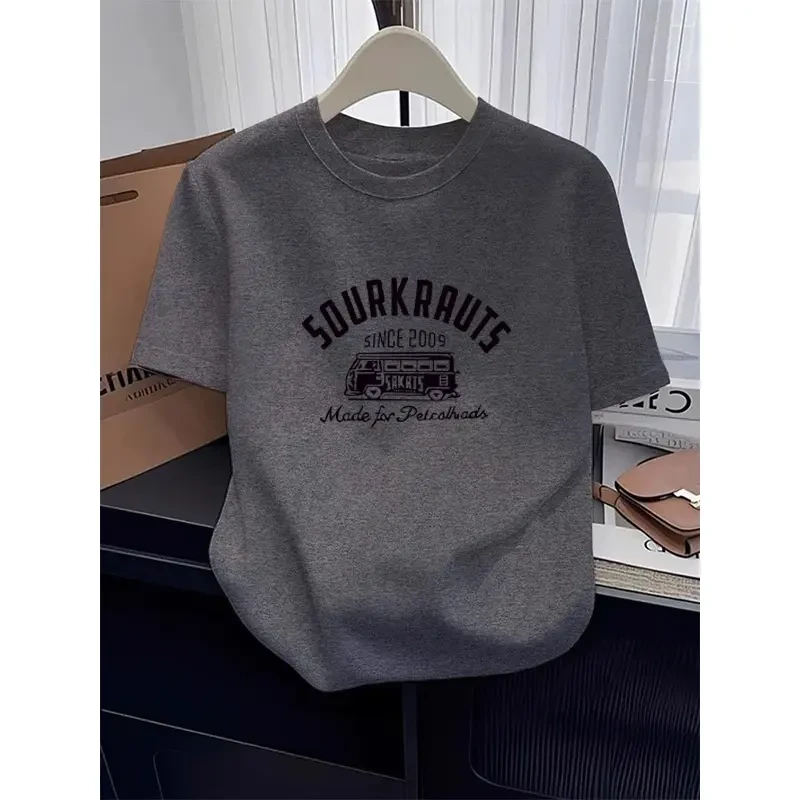 设计感小众正肩圆领短袖t恤女2025新款时尚百搭深花灰色上衣夏季