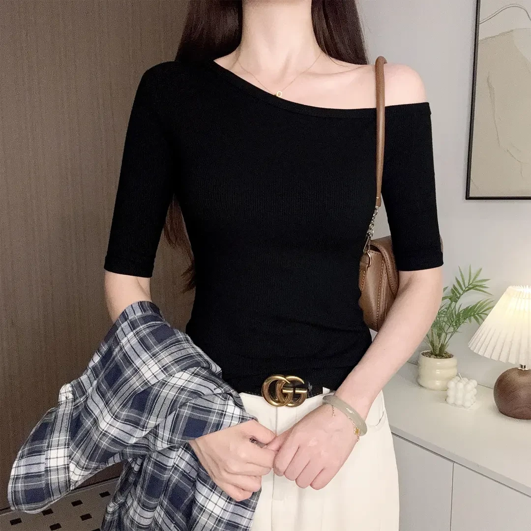 黑色斜肩五分袖T恤女气质夏季修身洋气显瘦一字斜肩打底T恤上衣女