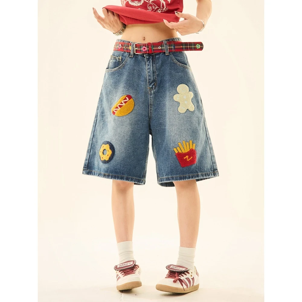 美式街头做旧创意薯条热狗牛仔短裤男女潮牌百搭青少年直筒五分裤