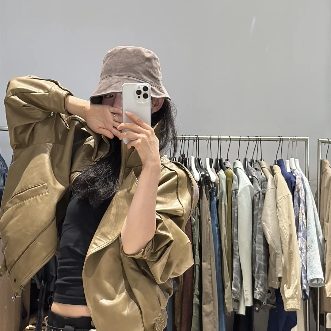 棕色双层领皮衣女春秋冬季休闲短款韩版宽松袖外套