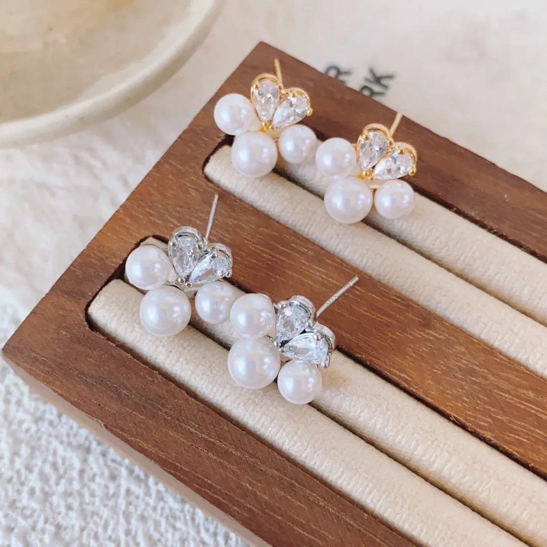 纯铜仿珍珠耳饰 精致百搭轻奢气质爱心珠珠锆石耳钉饰品小众470