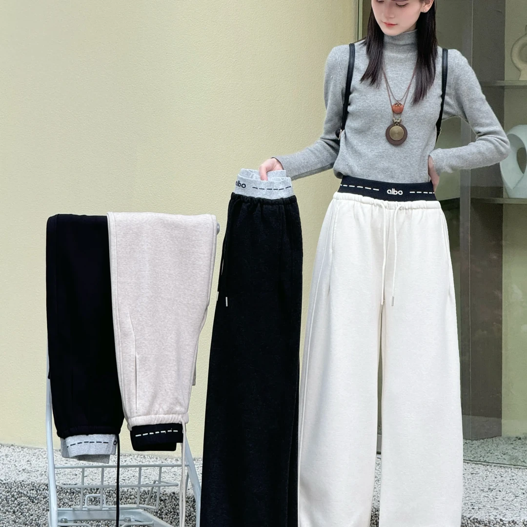 冬季年货款加厚不加绒撞色拼接高腰宽松弯刀阔腿休闲裤女中大童