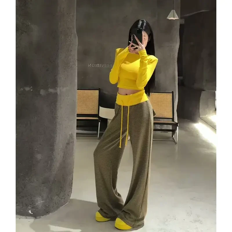 小众炸街高级感女装辣妹穿搭圆领长袖上衣高腰显瘦系带阔腿休闲裤