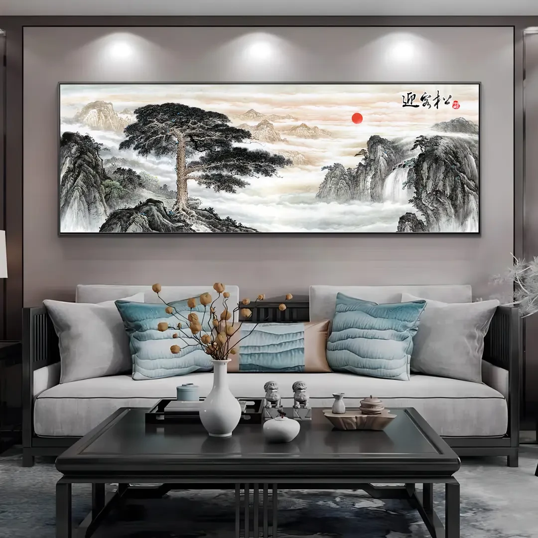 迎客松新中式客厅装饰画单横幅沙发背景墙挂画办公室晶瓷壁画挂画