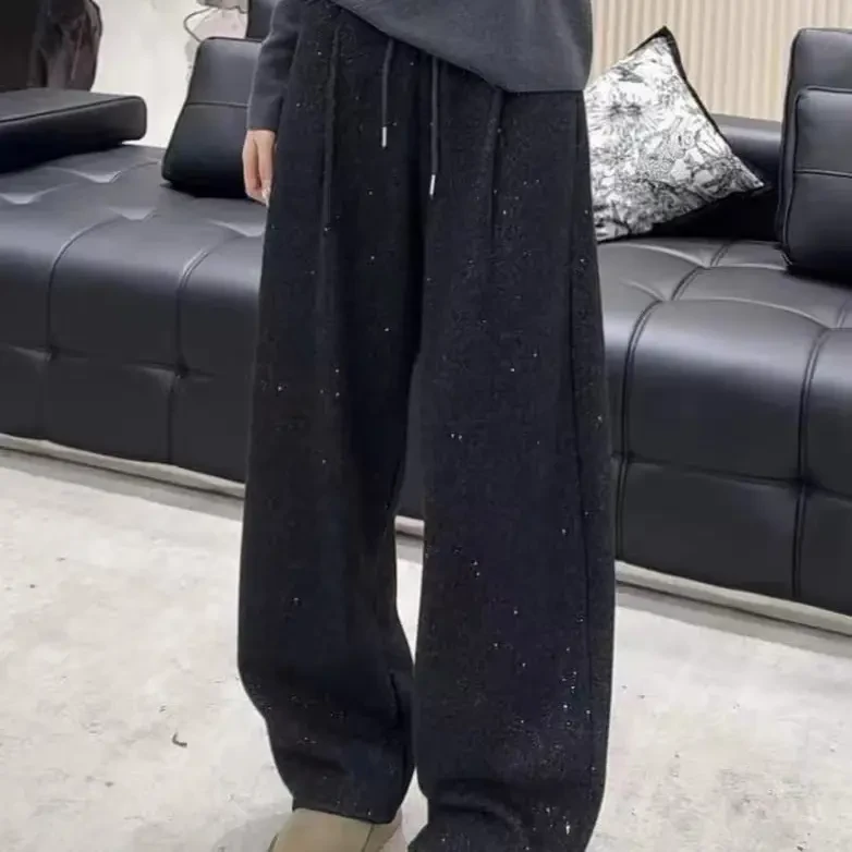 冬季加绒加厚保暖满天星烫钻松紧腰阔腿休闲女裤百搭显瘦羊绒拖地