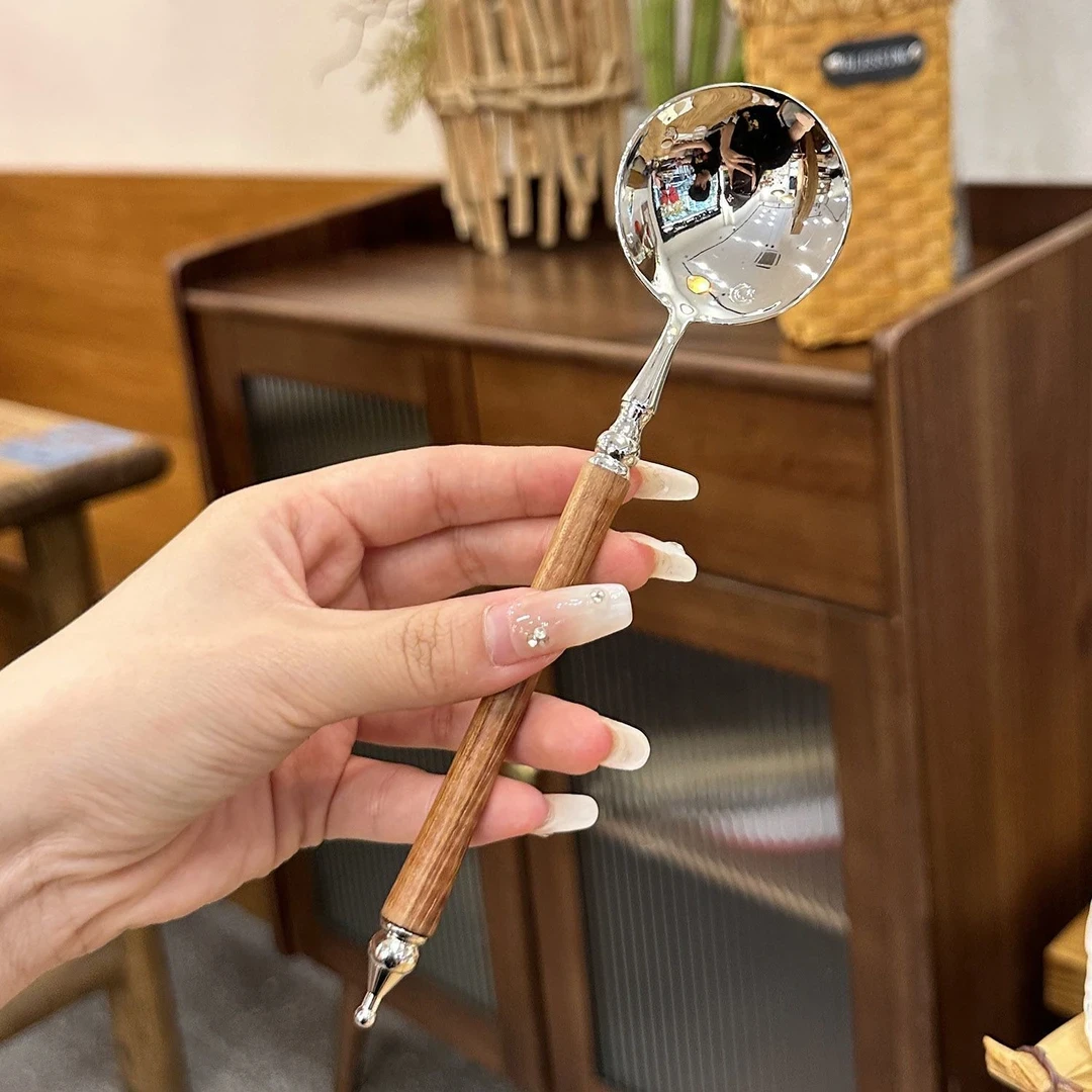 西式小蛮腰圆勺创意勺搅拌勺可爱复古长柄吃饭勺子高端仿梨花木把