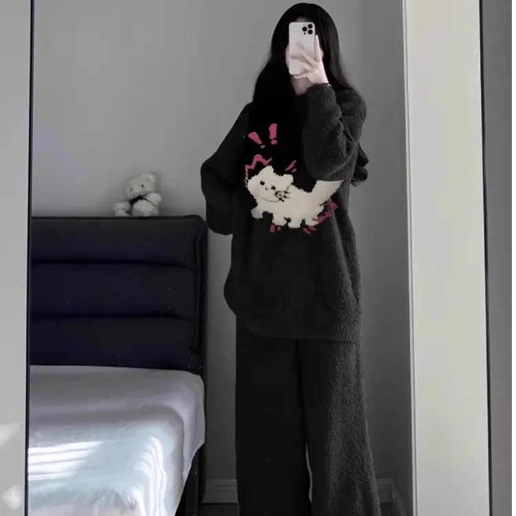 韩版高级感半边绒猫咪睡衣女套装冬季新款卡通加绒加厚保暖家居服
