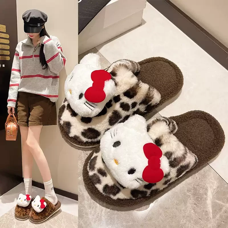 哈喽kitty拖鞋豹纹毛绒室内加绒加厚冬季防滑保暖软底棉拖鞋FGV