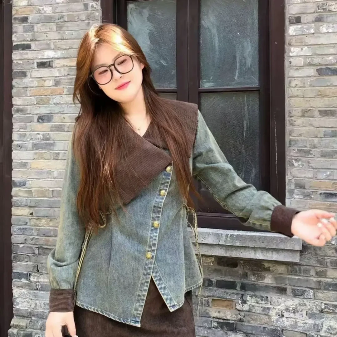 98062大码女装美拉德风牛仔外套搭配灯芯绒半身裙显瘦套装