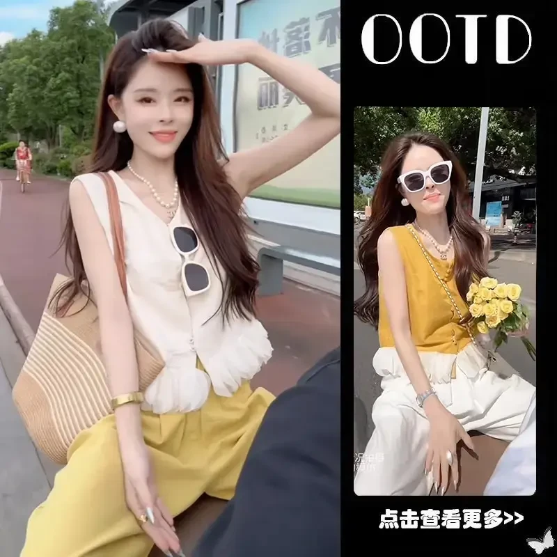 超火夏季穿搭一整套女2025新款拼接花边无袖衬衫百搭阔腿裤两件套