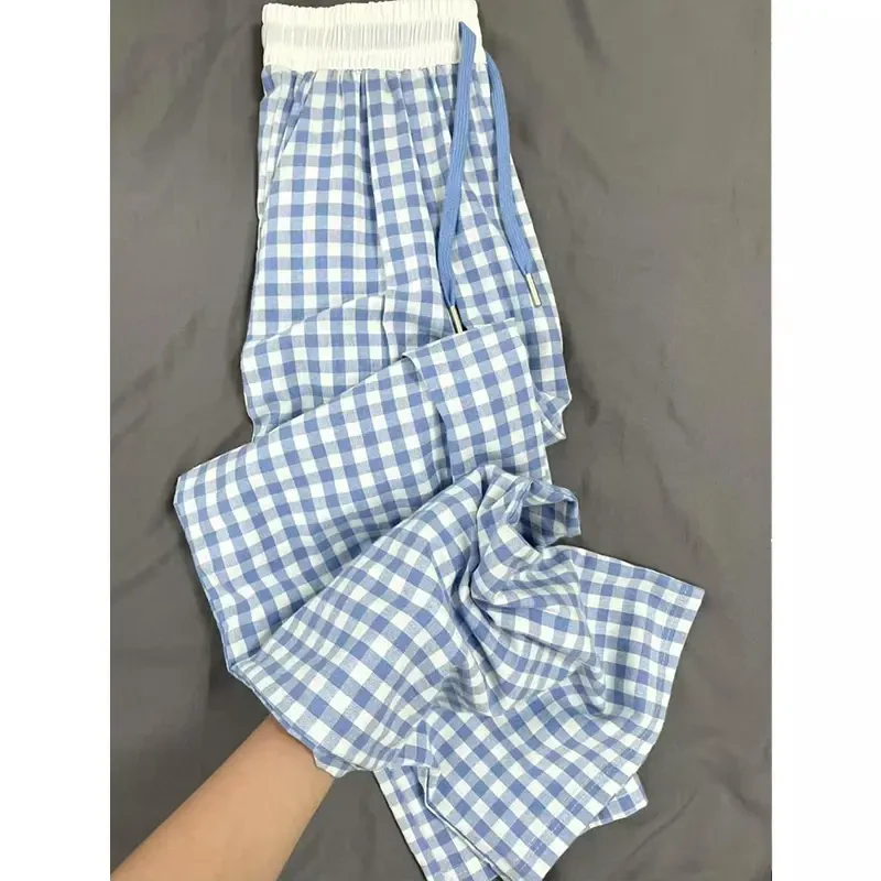 小清新蓝白格子休闲裤男春季新款简约慵懒风宽松垂感直筒拖地长裤