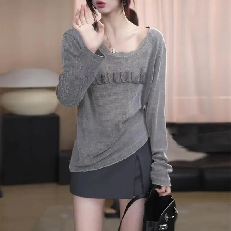 灰色薄款防晒网纱长袖t恤女2025年夏季新款空调罩衫宽松休闲上衣