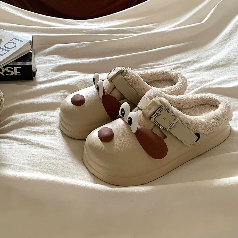 奶fufu~ins卡通小狗厚底包头棉拖鞋女冬外穿防水加绒保暖毛毛拖鞋