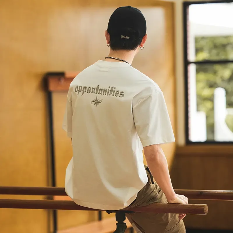 美式重磅短袖男t恤潮牌夏季刺绣半袖宽松圆领男士t恤轻奢痞帅男装