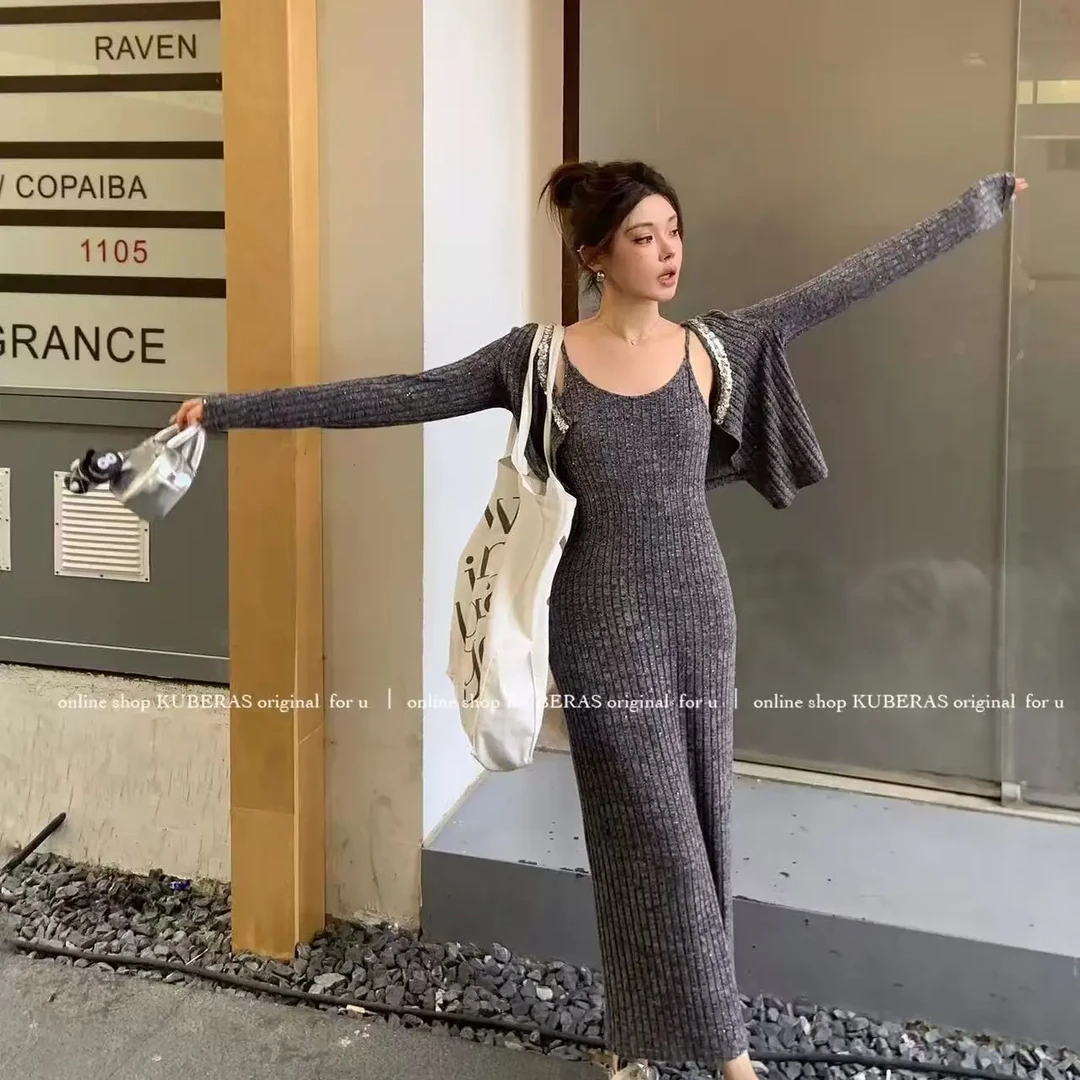 新款秋季 显瘦百搭吊带连衣裙套装时尚气质包臀设计