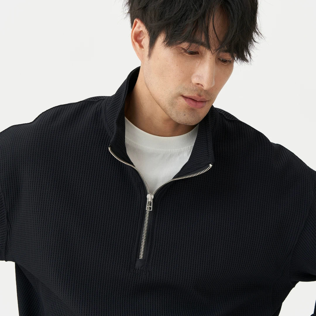 LEZORA 进口Gold*win同款华夫格 速干抗皱宽松半拉链立领卫衣男女