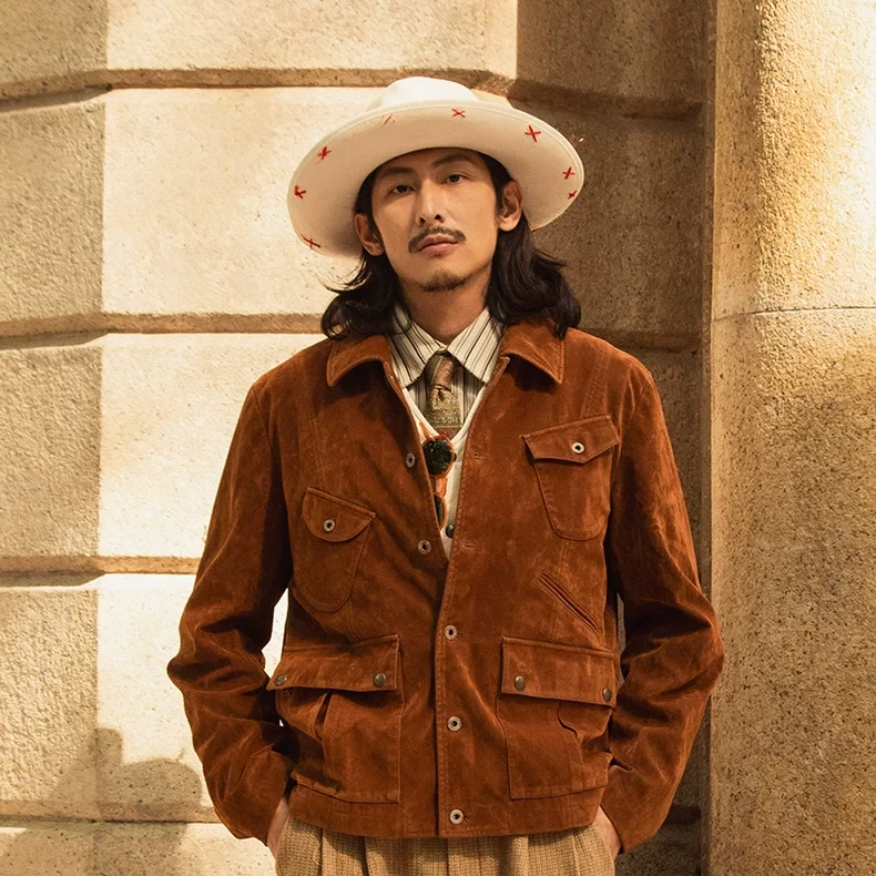 SOARIN美式复古麂皮绒夹克男阿美咔叽军装多口袋鹿皮绒猎装式夹克