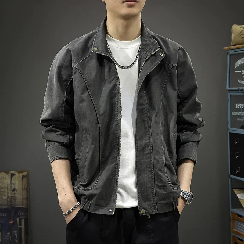 2025春秋新款纯棉休闲外套男宽松大码美式复古工装夹克翻领上衣潮