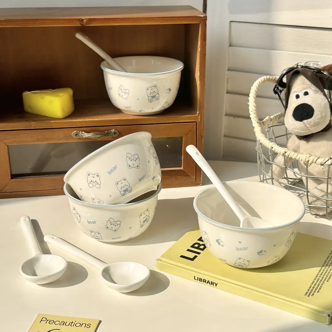 【2碗2勺】小熊陶瓷奶油家用卡通饭碗可爱米饭碗餐具宿舍甜品碗yj