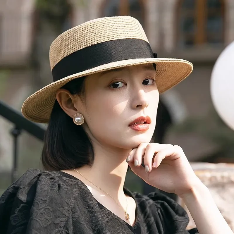 草帽法式优雅女夏季遮阳帽女款时尚防晒帽子草编平顶太阳帽可折叠