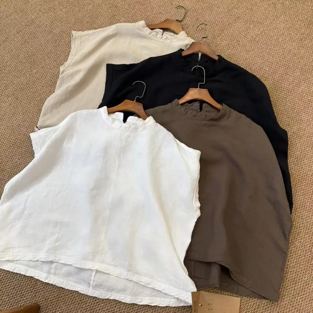 652-汉麻衬衫常规无袖极简风纯色拼接夏季圆领通勤