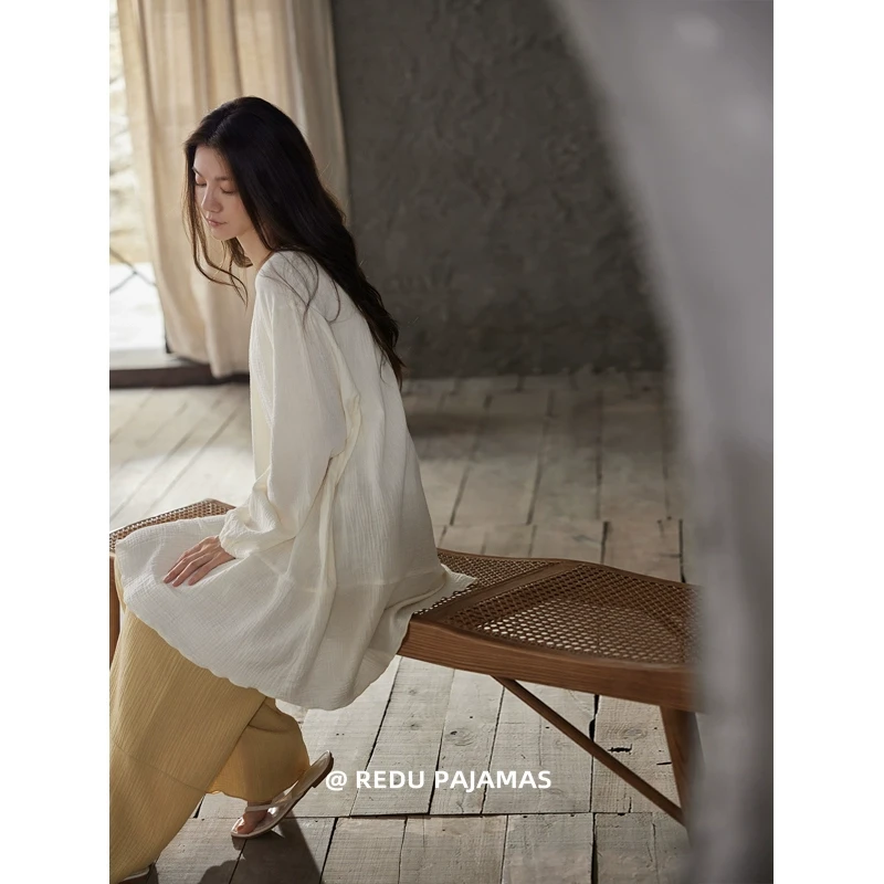 热妒大码宽松简约纯色睡衣女春秋季款纯棉纱布长袖长裤套装家居服