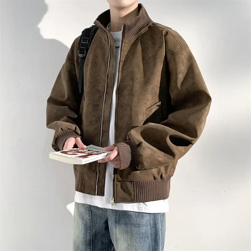 2025春秋款大码新款美式休闲潮流百搭复古螺纹领雾面立领pu皮衣男