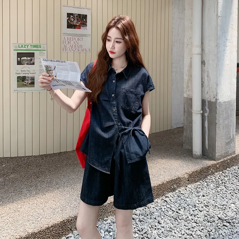 独特设计感复古牛仔套装女2025夏季新款不规则衬衫上衣短裤两件套