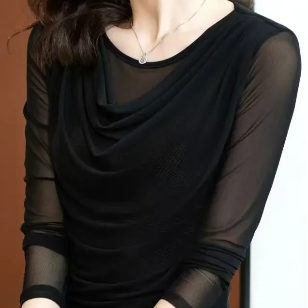 堆堆领弹力网纱长袖打底衫新款洋气显瘦小衫女