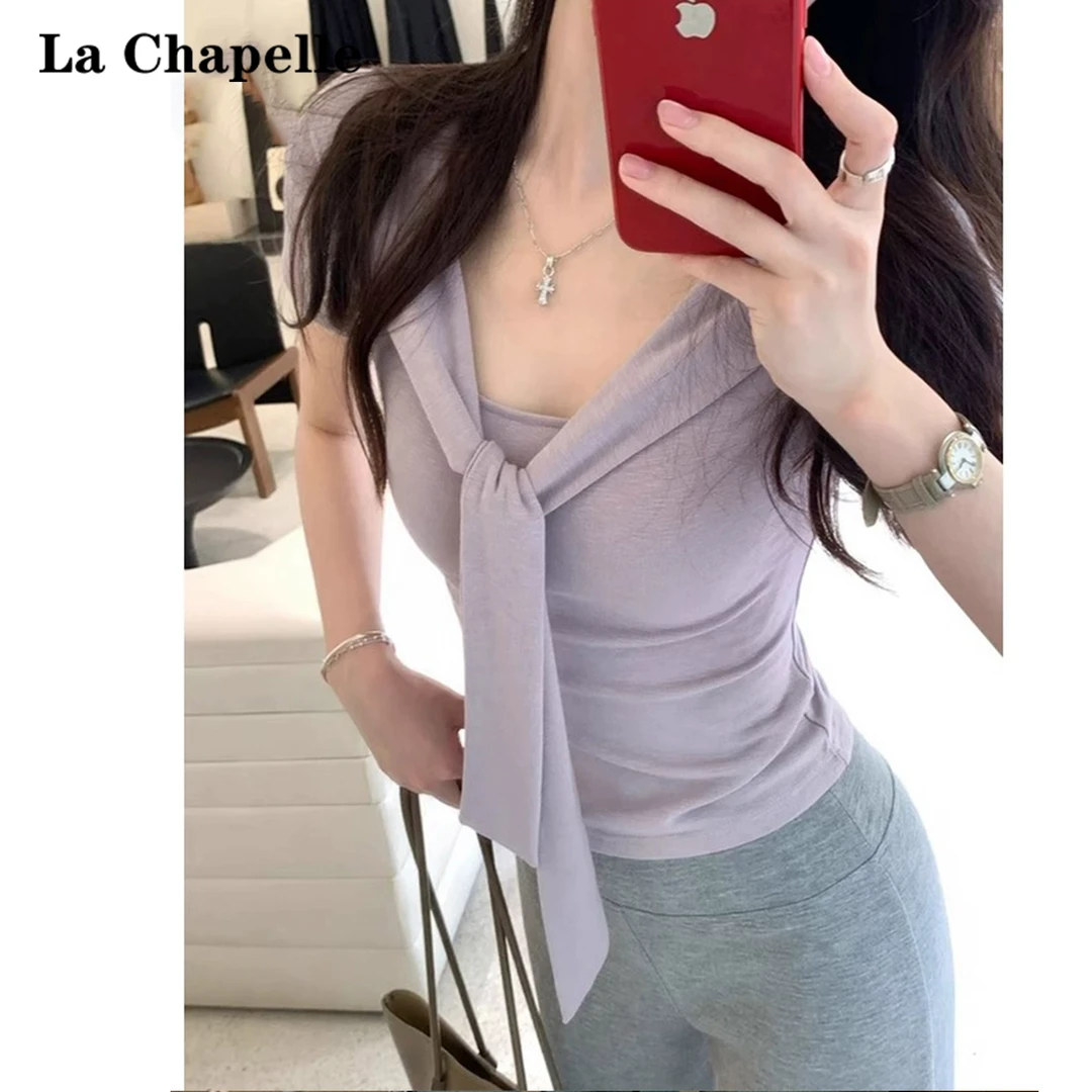 拉夏贝尔纯欲风方领短袖T恤女2025夏季修身设计感披肩假两件上衣