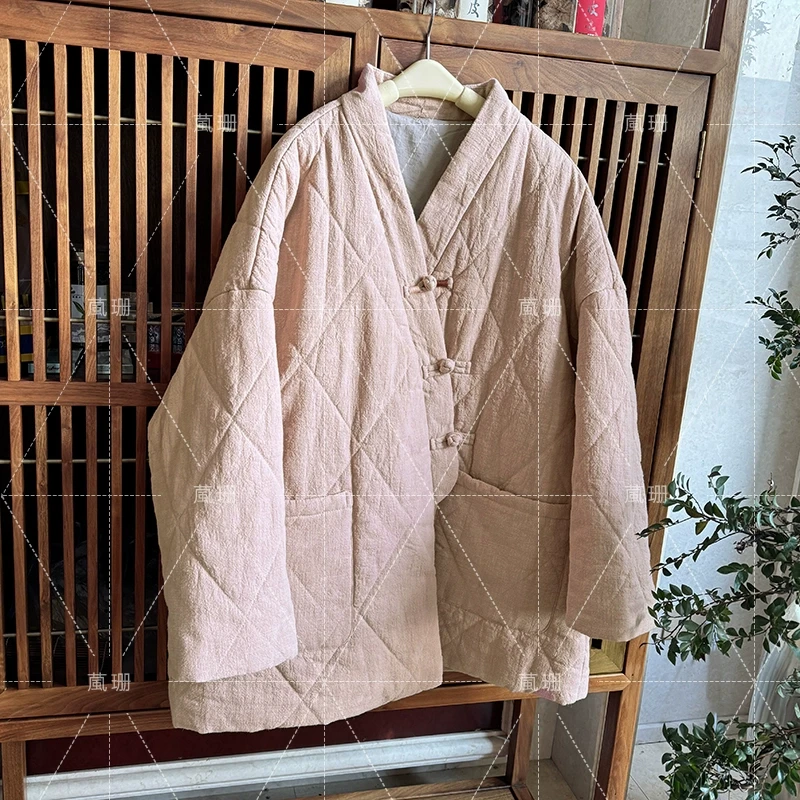 【从前慢SY】复古加厚苎麻棉斜襟盘扣宽版廓形棉衣袍子 52669