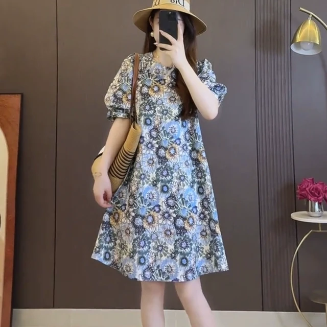 大码夏季新款宽松显瘦气质连衣裙胖mm短袖设计款碎花泡泡袖A字裙