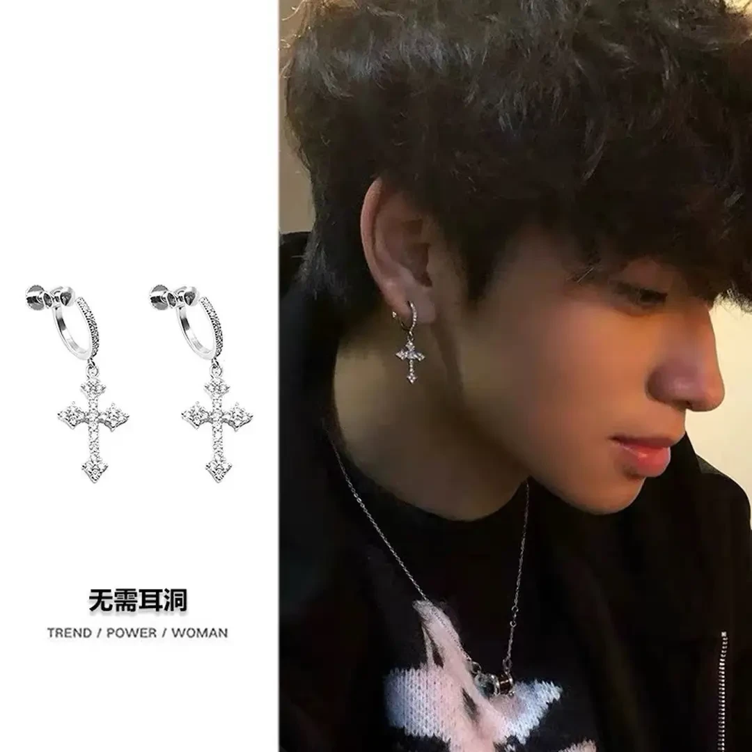 铜合金耳饰 十字架高级感耳夹男无耳洞新款男士耳骨夹小众耳挂式