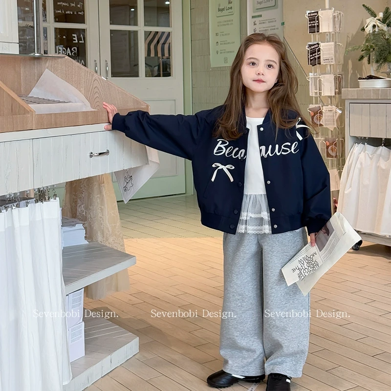 SKA2555女童韩版时髦棒球服外套春装新款儿童蝴蝶结美式夹克潮