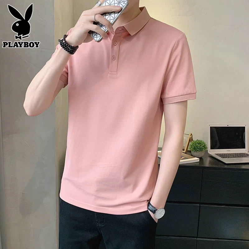 花花公子潮牌polo衫男士夏季粉红色潮流半袖衣服新款短袖t恤男装