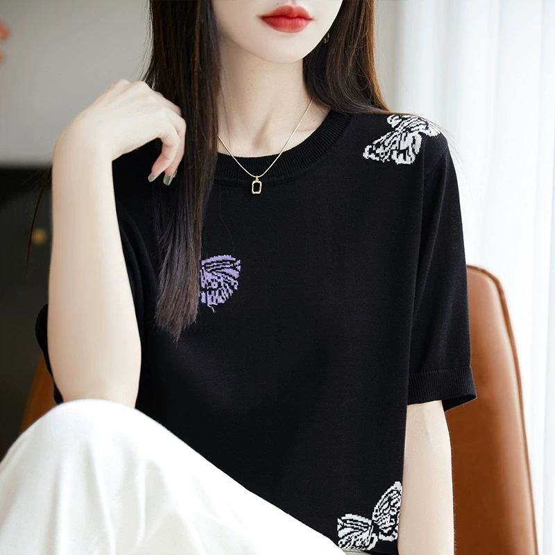 羊范25夏季新款薄款透气100莱赛尔针织短袖女圆领蝴蝶提花显瘦T恤