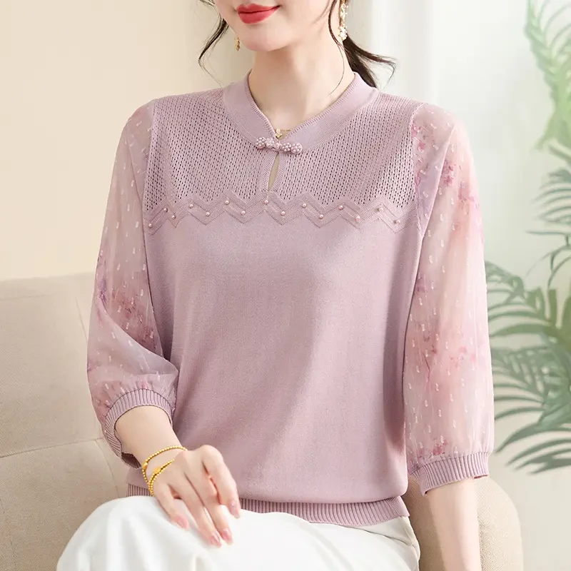 显瘦春夏装洋气薄款春秋时尚中老年纱袖衫女装妈妈装打底衫小衫
