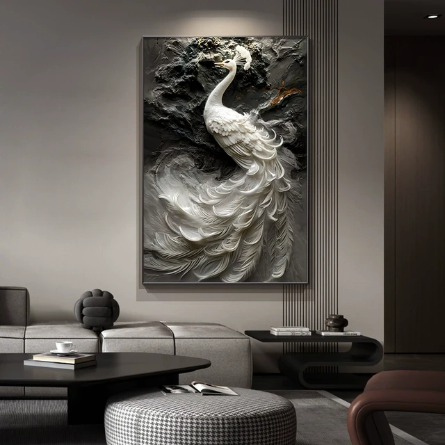 工厂直销高级感孔雀客厅落地装饰画浮雕立体肌理感沙发背景墙挂