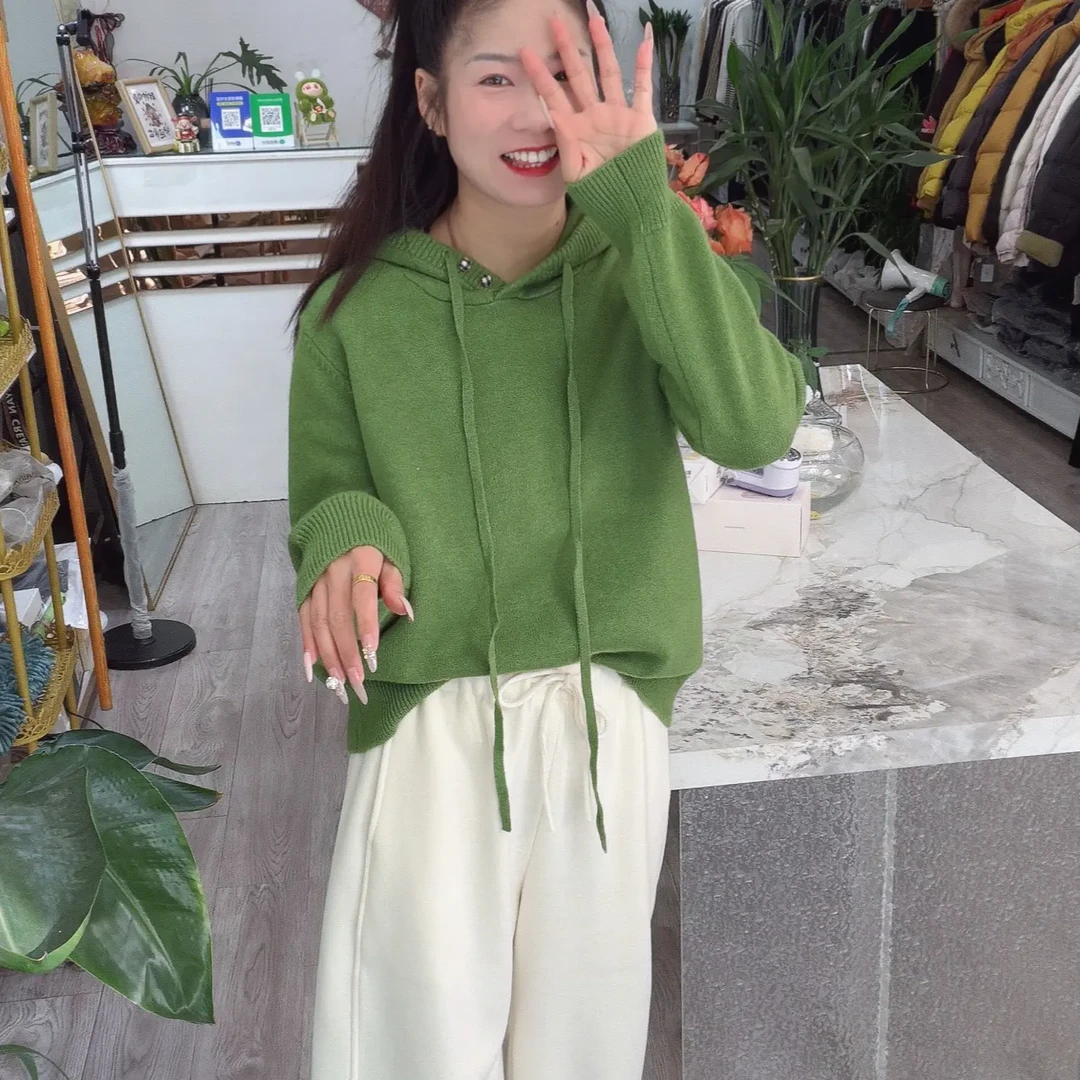 秋冬新款女韩版宽松纯色套头连帽针织衫百搭休闲简约保暖毛衣外套