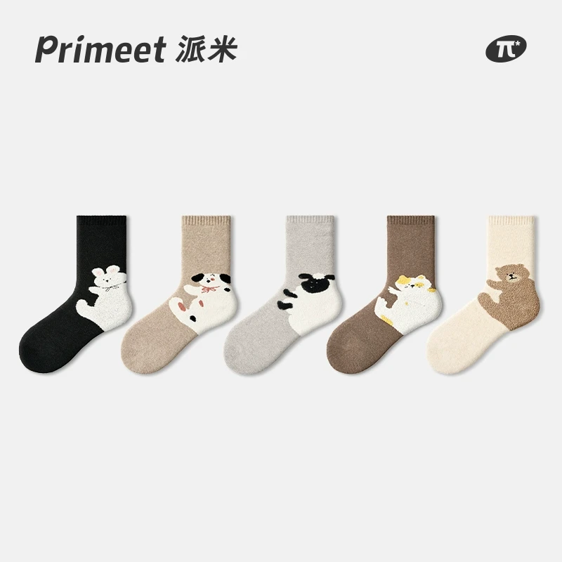 primeet/派米加绒加厚卡通动物毛圈女袜抱抱袜春秋棉袜无骨袜保暖