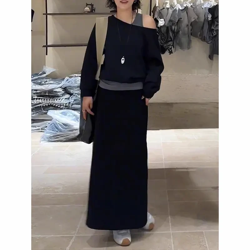 韩系设计感露肩卫衣+半身裙套装女2025秋新款宽松显瘦假两件上衣