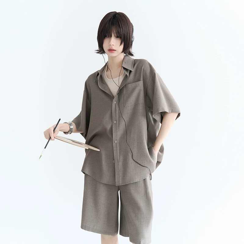 万有引力博物馆 夏季薄款凉感纯色休闲套装： 短袖衬衫+休闲短裤
