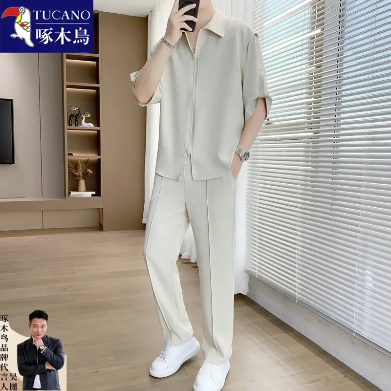 啄木鸟夏季垂坠感冰丝休闲套装男短袖潮流高级感衬衫直筒西装裤子