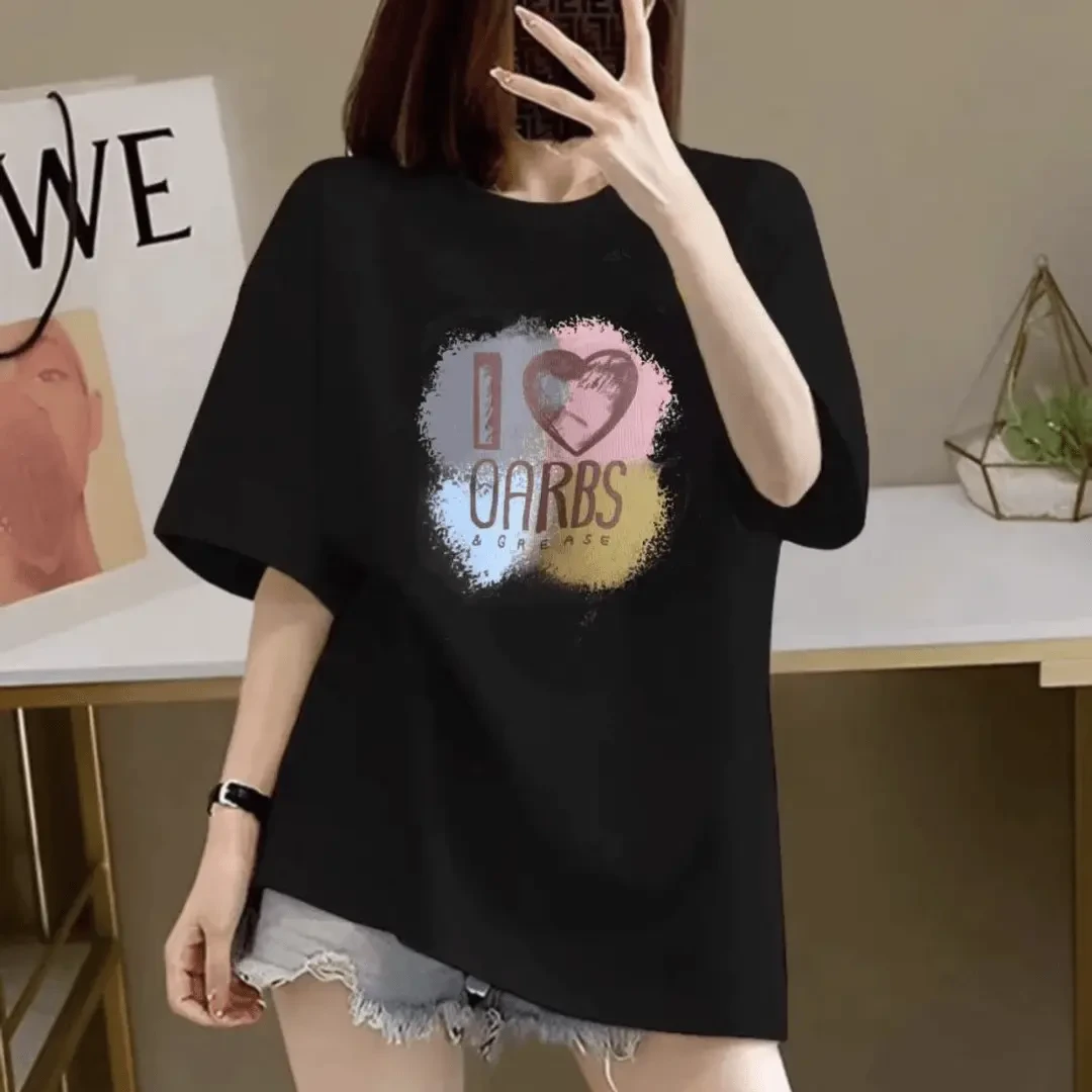 2025纯棉大码短袖百搭T恤夏季印花宽松显瘦圆领时尚多巴胺上衣