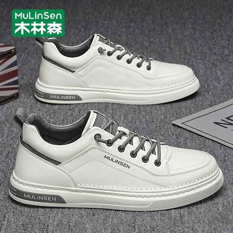 木林森小白鞋男2025新款秋季皮面休闲板鞋男工作软底耐磨运动潮鞋