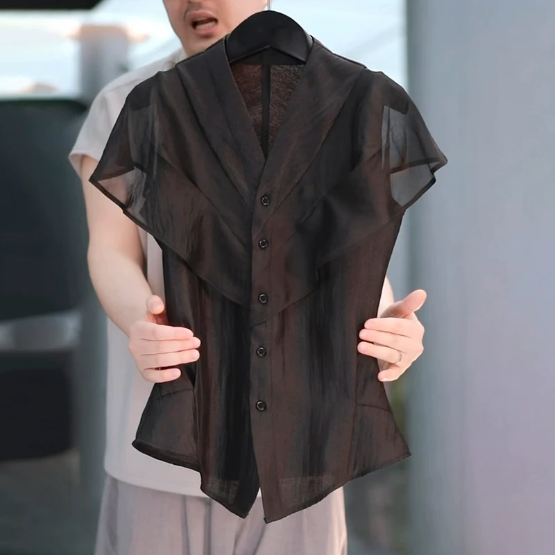 荷叶边醋酸v领衬衫女士2025夏季洋气减龄收腰设计感显瘦短袖上衣