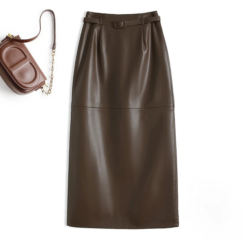 2025新款海宁真皮显瘦带腰带半身裙包臀裙秋冬高腰大码后开叉长裙