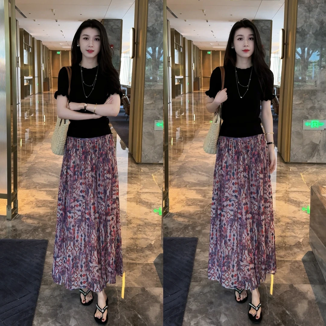 夏季新款时尚高档气质半身裙+气质百搭显瘦针织衫上衣套装